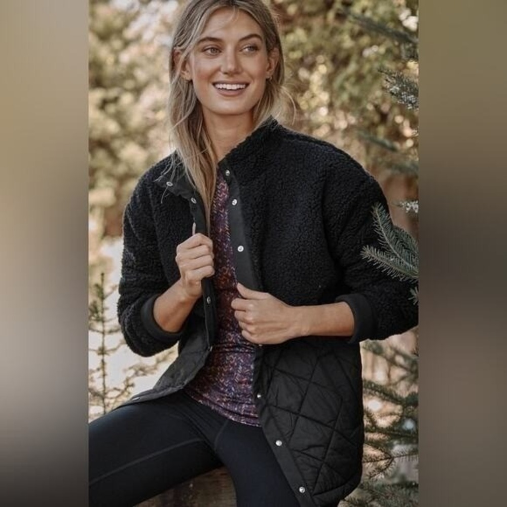 J. Jill Fit Quilted Sherpa Fleece Jacket Snaps Mock Neck Black $169 Sz M Petite